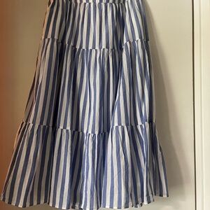 J. Crew Factory Blue and White Striped Tiered Midi Skirt